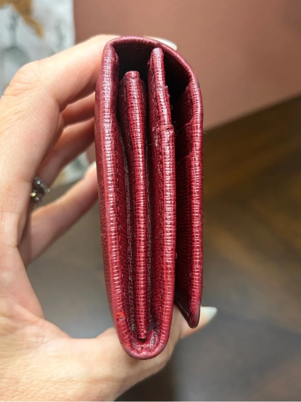 Fendi Burgundy Textured Leather Continental Wallet with Gold Plate with COA